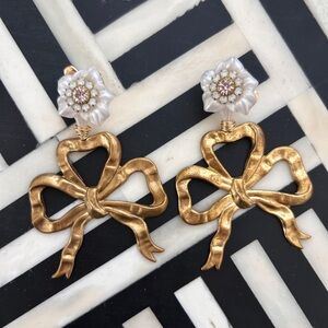Anthropologie Pink Reef Gold Plated Pearl Bow Earrings
